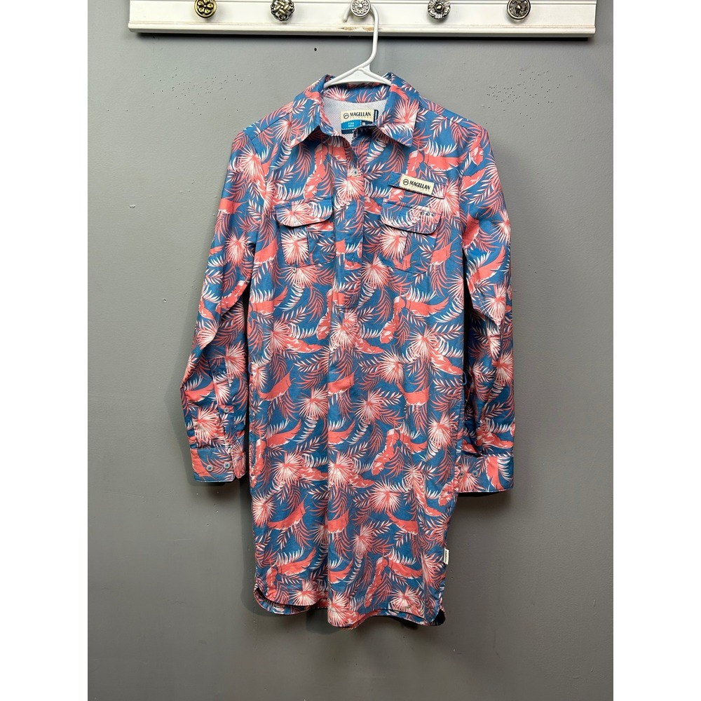 Magellan Fish Gear Dress Women XS Blue Coral Tropical Palm Fishing Long Sleeve